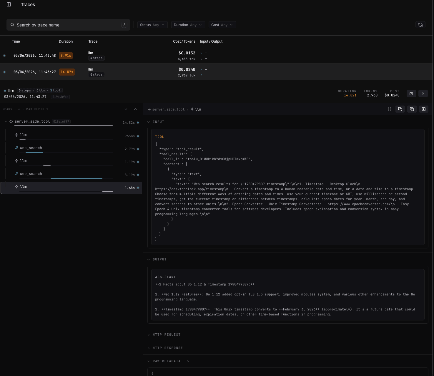 An Opper trace showing the server_side_tool and web_search steps, with the query and returned results on the right and per-search cost in the step list.