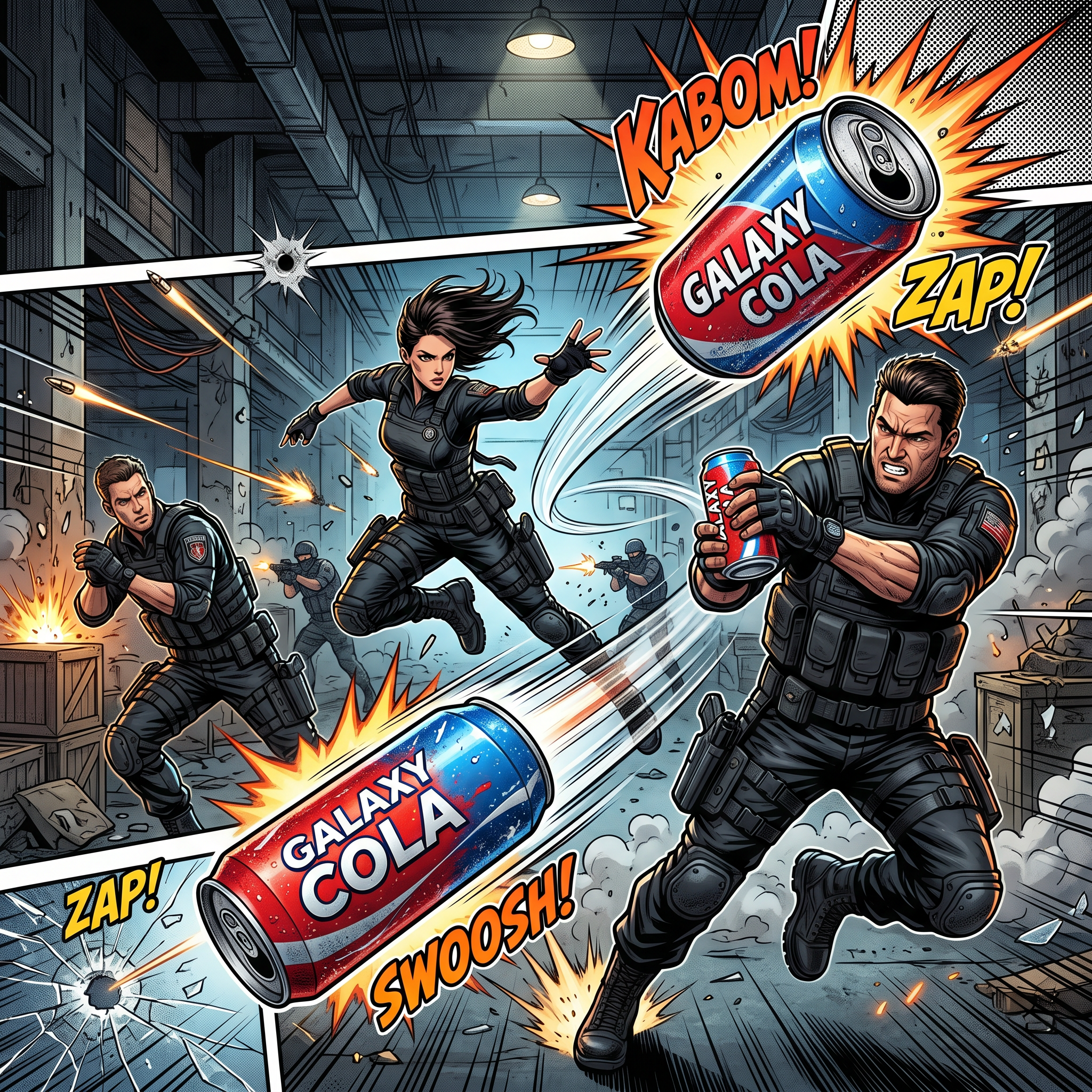 a can of soda in manga style thrown around by a few hyper realistic super agents