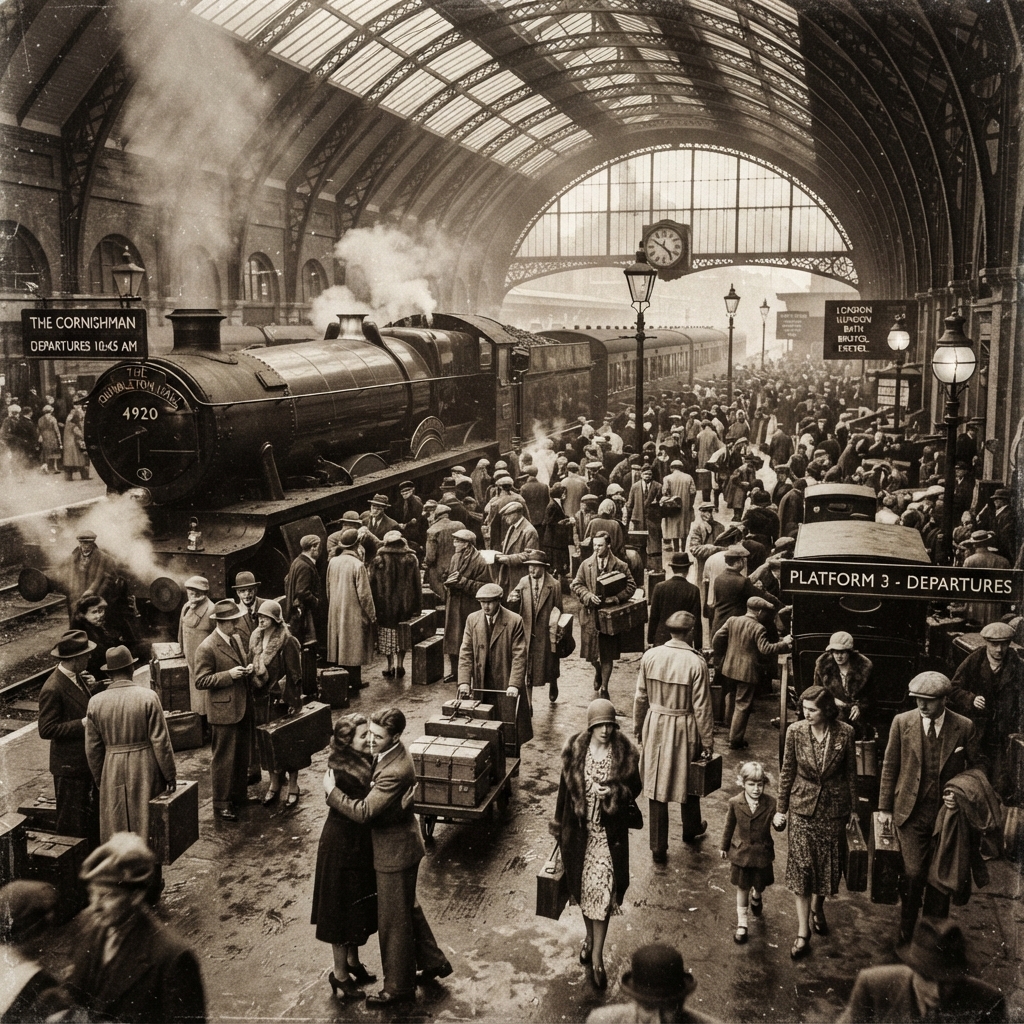 A bustling 1920s train station, sepia tones, travelers in vintage fashion