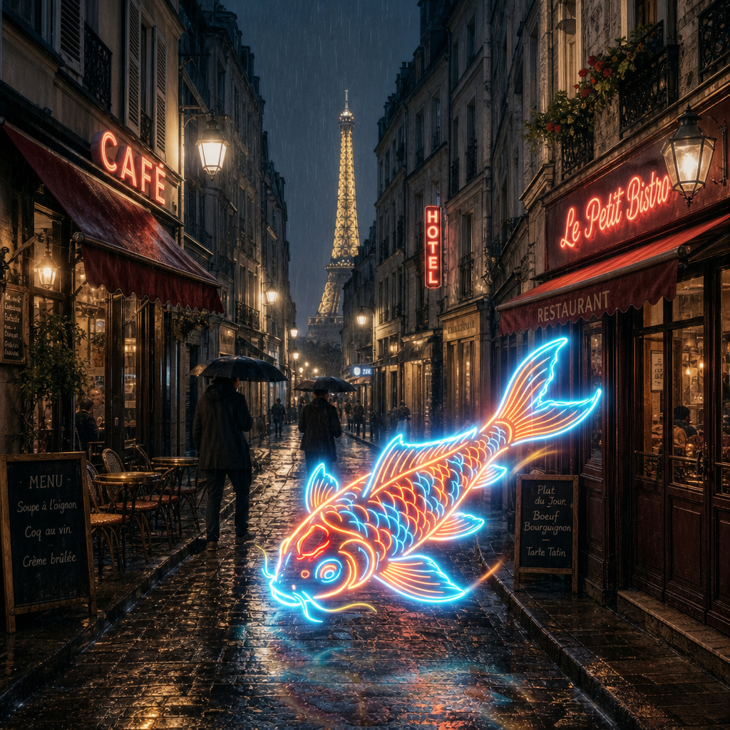 The fish is in a Paris alleyway instead of Tokyo