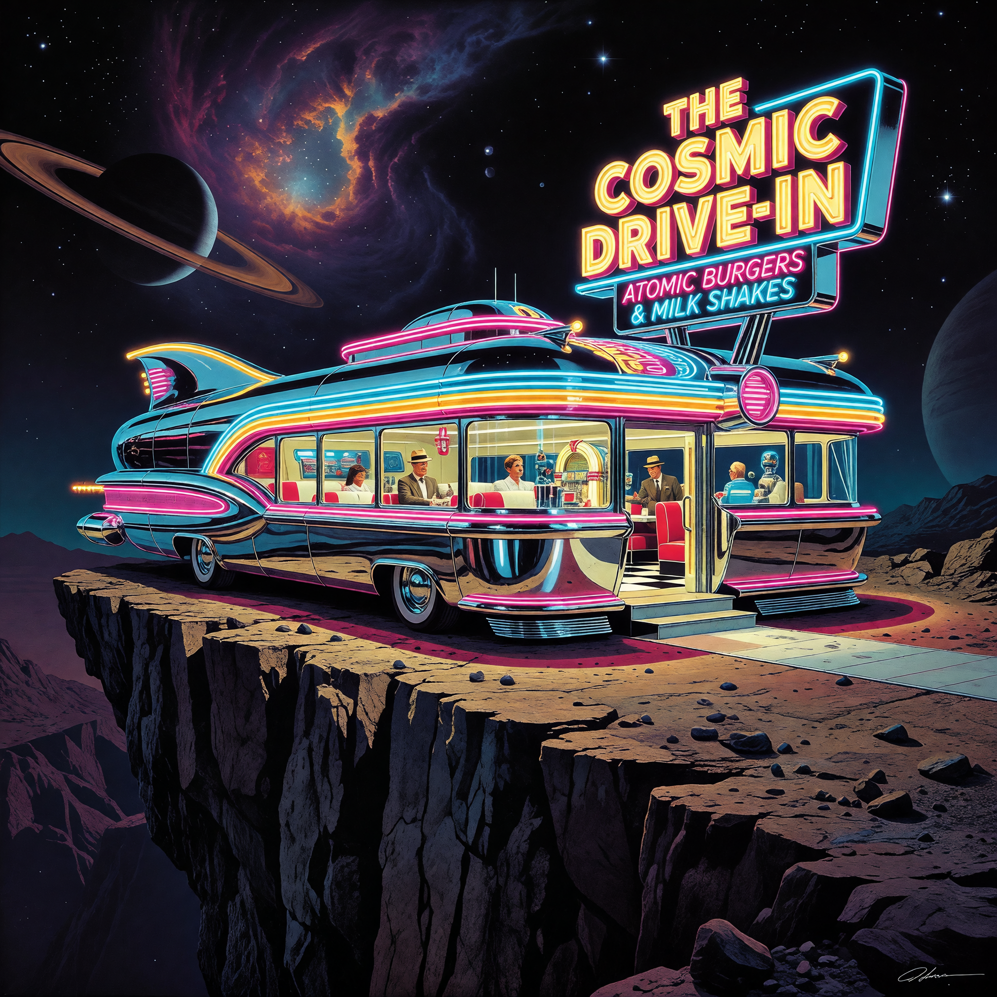 A retro-futuristic diner on the edge of a cliff, chrome and neon, 1950s sci-fi poster style