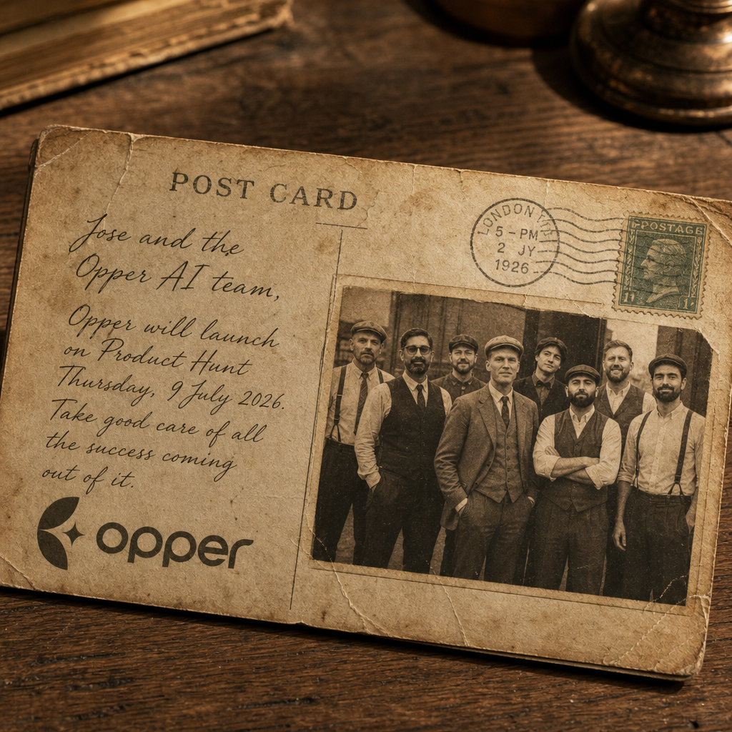 A close-up photograph focusing on an aged, weathered 1920s postcard resting on a rustic wooden desk. The center of the postcard features a hand-written letter in elegant, faded black ink calligraphy addressed to 'Jose and the Opper AI team', with the legible message: 'Opper will launch on Product Hunt Thursday, 9 July 2026. Take good care of all the success coming out of it.' Next to the handwriting, a vintage, stylized logo inspired by the reference image is printed on the paper as an official emblem. Beside the text, a sepia-toned, grainy photograph of the Opper AI team dressed in classic 1920s attire is embedded into the postcard design, complete with authentic creases, tea-stained edges, and vintage postmarks. The scene is illuminated by warm, soft side-lighting from a nearby window, casting gentle shadows that highlight the textured, fiber-rich antique paper and the nostalgic, historical atmosphere.