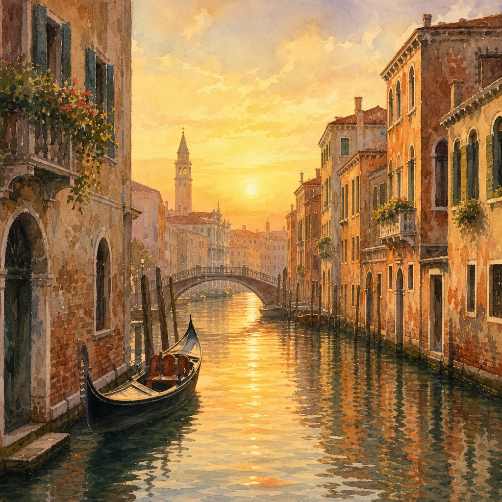 A watercolor painting of a quiet Venetian canal at golden hour
