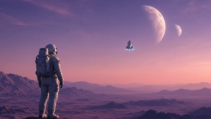 A Spaceship slowly landing in the distance, and the astronaut raising their hand in salute