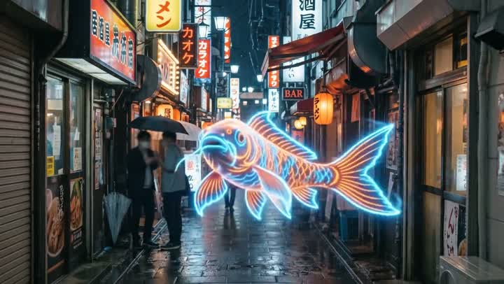 The fish swims towards the camera along the Tokyo alley, while the camera moves backwards staying ahead of the fish
A slow flipping of the tail against the air can be heard. And the soft fall of rain in a calm night.