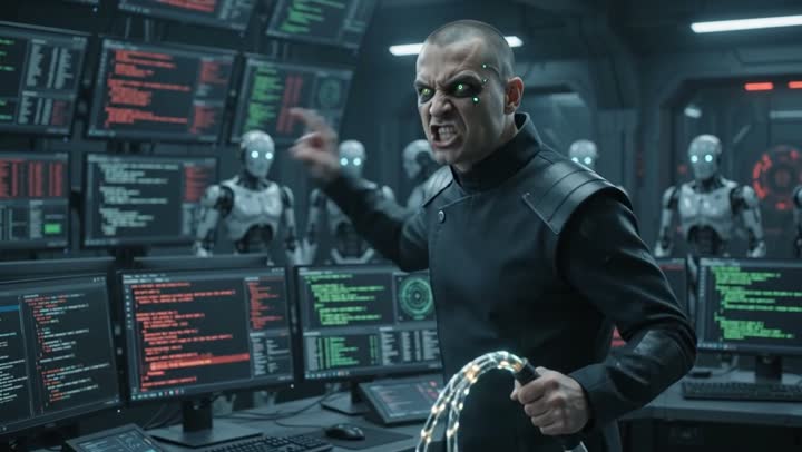 A supreme engineer breaking out his whip to teach his claude coding agents to do the work correctly. he is angry and fierce